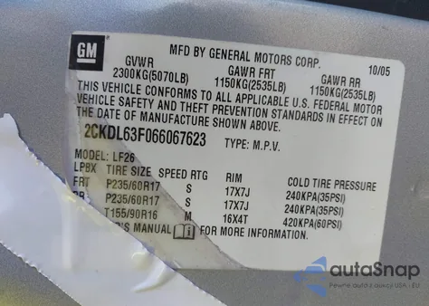 2006 Pontiac Torrent из США, поврежденный, VIN 2CKDL63F066067623